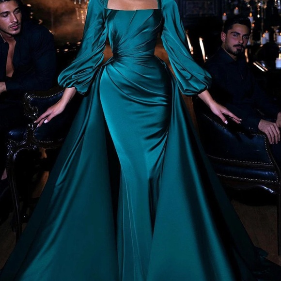 Elegant Teal Evening Gown with Crystal Wave Detailing main image 1